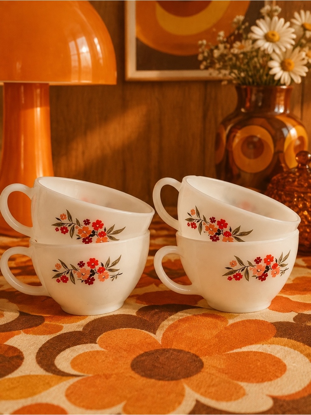 Vintage Fire King Fleurette Teacups Set of 4 Pink Floral Milk Glass